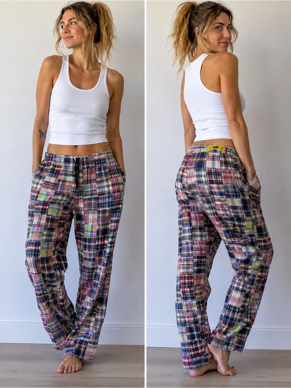 SKIDZ Patchwork Madras Plaid Drawstring Pants One Size USA Made
